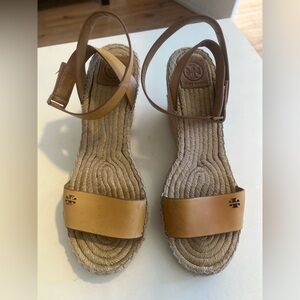 Tory Burch Tan Leather Espadrille Wedge Sandals with Ankle Strap